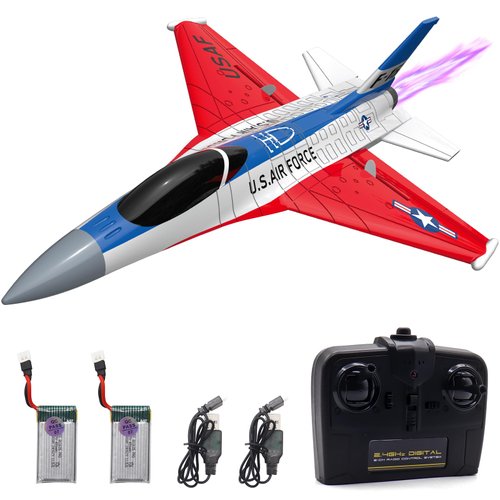 Dollox RC Airplane Toys F-16 Fighting Falcon 2.4Ghz 2CH Remote Control Plane Jet RC Fighter Airplanes Ready to Fly Beginner RC Plane with Lights RC Aircraft Toy Gifts for Boys Adults, 2 Batteries