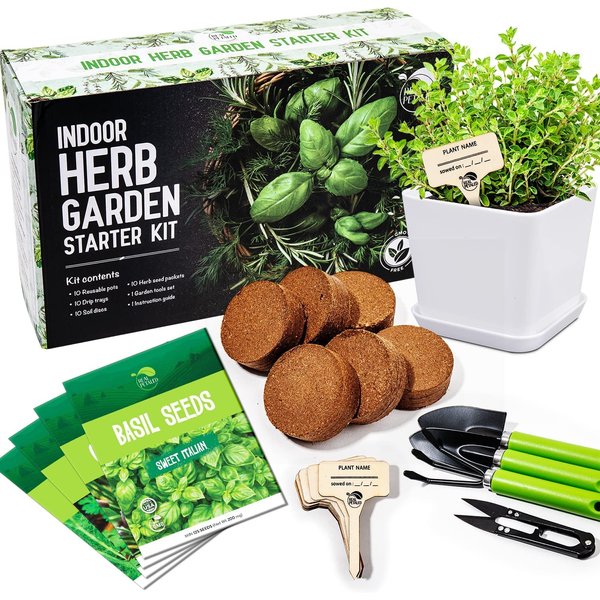 REALPELATED Indoor Herb Garden Kit 10 Non-GMO Herbs- Window Herb Garden Kit with 10 Reusable Pots, Herbs, Drip Trays, Soil Discs - Window Plant Growing Kit - Kitchen Herb Garden Kit Herb Garden Gift
