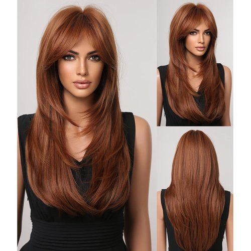 WTHCOS Long Layered Auburn Wigs for Women Long Wavy Orange Brown Wig with Bangs Highlight Synthetic Wigs with Wig Cap