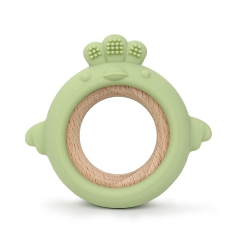 Arudyo Baby Teething Toys Silicone Teethers with Wooden Ring Baby Teether Sensory Toys (Chick Green)