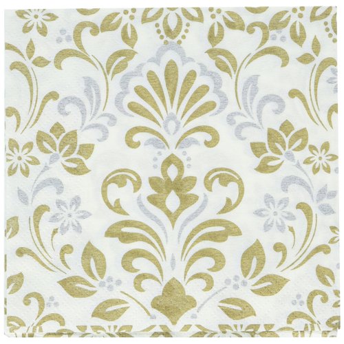 Amscan Durable Gold Damask Beverage Napkins Party (Pack of 16), Multicolor, 5" x 5"
