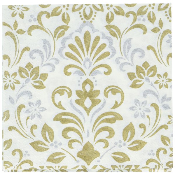 Amscan Durable Gold Damask Beverage Napkins Party (Pack of 16), Multicolor, 5" x 5"