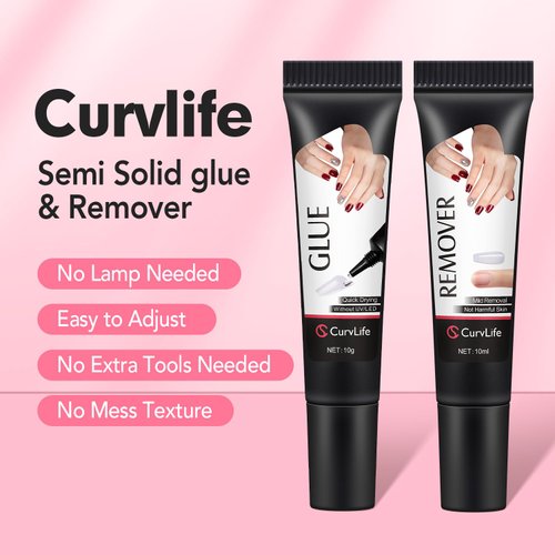 Curvlife Newly Upgraded Quick Drying 10g Semi Solid Nail Glue with 10ml Remover for Press On Nails Tips No Need for UV Lamp Long Lasting Fake Acrylic Nails Kit Glue Gel