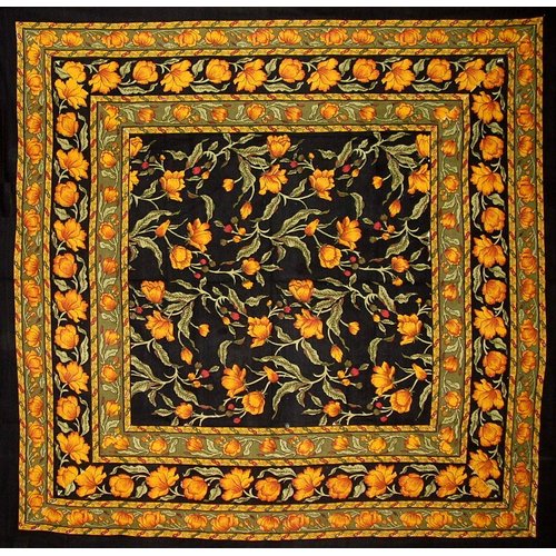 India Arts French Floral Square Cotton Tablecloth 60" x 60" Amber on Black