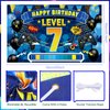 Video Game 7th Birthday Party Decorations Blue Black Happy Birthday Level 7 Banner Backdrop Honeycomb Centerpieces Hanging Swirls Tissue Paper Pompoms Kit for Boy 7 Years Old Game Controller Supplies