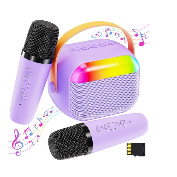 FunMission Karaoke Machine for Kids with Memory Card, Portable Bluetooth Speaker with 2 Wireless Microphones, Kids Microphone for 4 5 6 7 8 9 10+ Years Old, Christmas Birthday Present for Girls,Purple