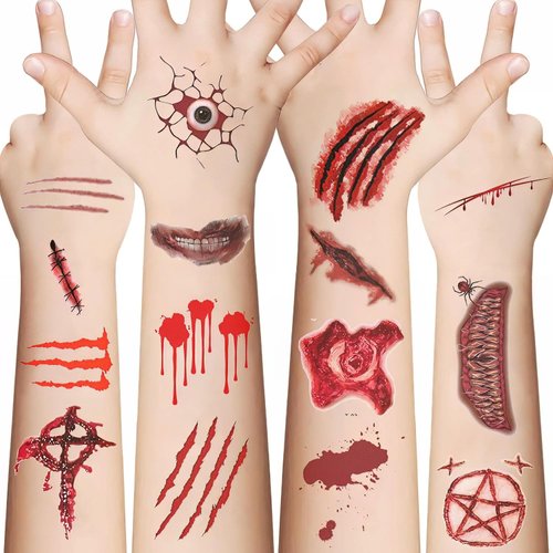 Halloween Tattoo Stickers, Halloween Scar Temporary Tattoos,Realistic Simulation Blood Wound Stitch Tattoo Sticker 3D Waterproof Prank Zombie Party Temporary Tattoo Sticker, | 10Pcs/Set