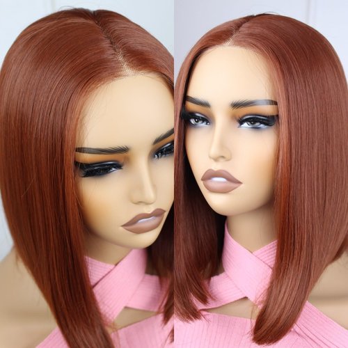 Dark Ginger Bob Lace Wigs Synthetic Hair Wear Go Wig 180% Density Colored Straight Short Bob Wigs for Women 14inch Glueless Synthetic Lace Wig Daily Use