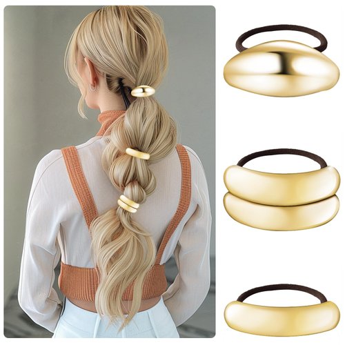 Gold Hair Cuffs 3PCS Gold Ponytail Cuff Hair Tie for Women Metal Hair Cuff Wrap for Thick Hair Cute Geometric Hair Accessories
