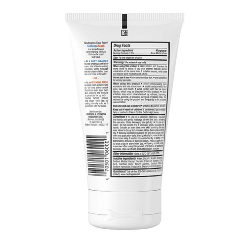 Neutrogena Clear Pore 2 in 1 Facial Cleanser/Face Mask with Kaolin & Bentonite Clay & 3.5% Benzoyl Peroxide Acne Treatment Medication, Daily Face Wash & Shine Control Clay Mask, 4.2 Fl Oz (Pack of 4)
