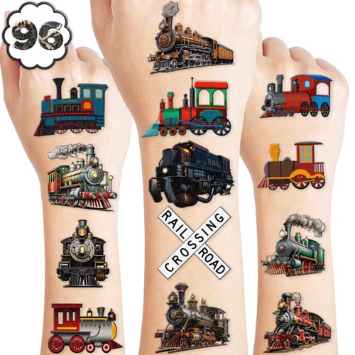 100 PCS Vintage Train Temporary Tattoos Themed Birthday Party Supplies Favors Decorations Decor Steam Trains Transportation Railroad Tattoo Stickers Gifts For Boys Girls Class Prizes Carnival Cartoon