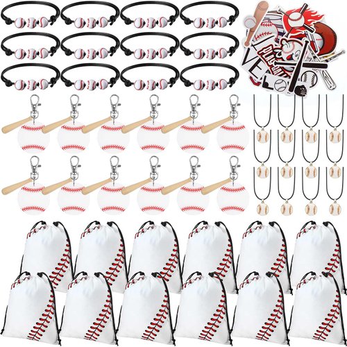 Cholemy 98 Pcs Baseball Party Favors Acrylic Baseball Key Chain with Wooden Bat Baseball Gifts fo...