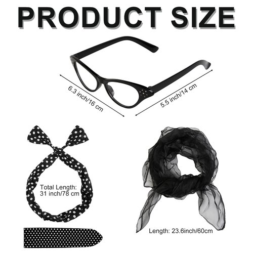WOVOWOVO 50s Outfits for Women 1950s Halloween Costume Accessories Decades Day Outfit Polka Dot Headband Chiffon Scarf Cat Eye Glasses for Adult Woman Teens (Black)