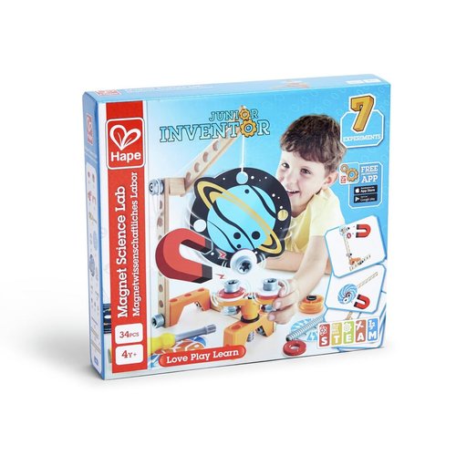 Hape Junior Inventor Magnet Science Lab| 34-Piece Magnetic Science Kit, STEAM Educational Toys for Kids 4 Years and Up, Model:E3033A