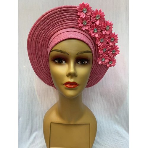 African Headtie Turban Nigerian Aso Oke Muslim Headwear Gele Head Wrap Sego Auto Gele Headties Already Made Women's Headband For Party (Pink)
