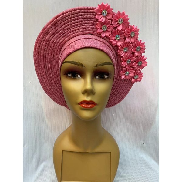 African Headtie Turban Nigerian Aso Oke Muslim Headwear Gele Head Wrap Sego Auto Gele Headties Already Made Women's Headband For Party (Pink)