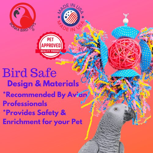 Bonka Bird Toys 3488 Cake Party Parrot Preening Foraging Plucker Natural Toy cage Cages Shredder Cockatiel Conure African Grey parakeet Made in the USA