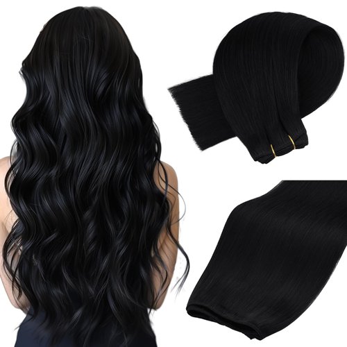 MAXITA Sew in Human Hair Extensions Jet Black Weft Hair Extensions Real Human Hair 100g 16 Inch Silky Stright Double Weft Black Hair Weft Extensions Sew in Real Hair Extensions