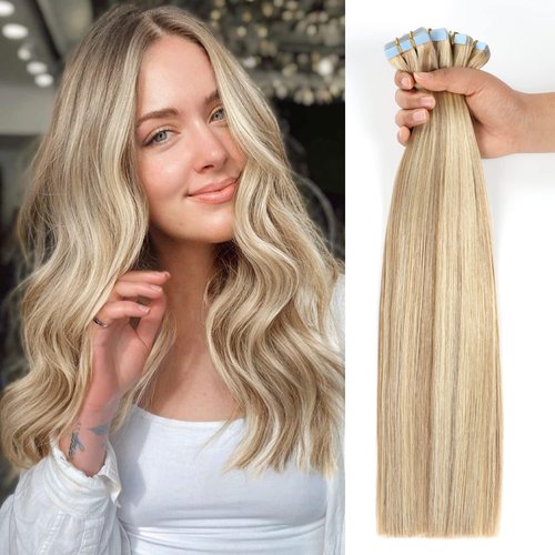 JESSBO Tape in Hair Extensions Human Hair Ash Blonde Highlighted Bleach Blonde 12 inch 20pcs 40g/pack Straight Seamless Skin Weft 100% Real Human Hair