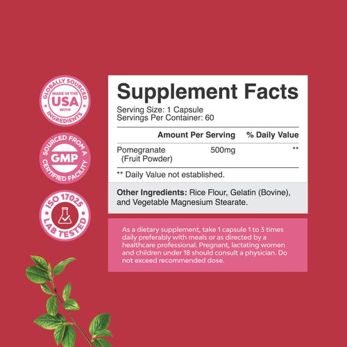 Pomegranate Extract Capsules Antioxidant Supplement - Natural Pomegranate Capsules for Heart Health Joint Support and Pre Workout for Men and Women - Nitric Oxide Supplement with Brain Health Vitamins