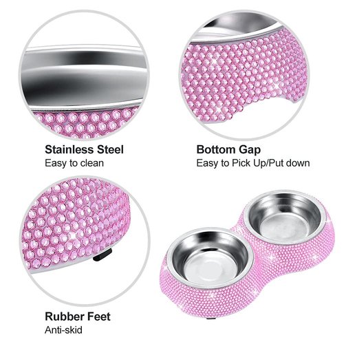 SAVORI Small Cat Bowls Pink, 320ML Handmade Bling Rhinestones Stainless Steel Pet Bowls Removable Double Food Water Feeder for Puppy Cats Dogs