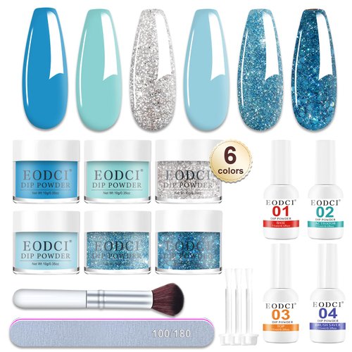 Eodci 12 Pcs Dip Powder Nail Kit Starter, 6 Colors Glitter Blue Snow Dipping Powder Kit With Base & Top Coat/Activator/Brush Saver, Nail Art Manicure Salon DIY for Daily at Home Party Gifts for Women