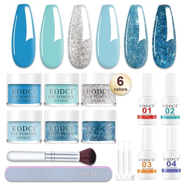 Eodci 12 Pcs Dip Powder Nail Kit Starter, 6 Colors Glitter Blue Snow Dipping Powder Kit With Base & Top Coat/Activator/Brush Saver, Nail Art Manicure Salon DIY for Daily at Home Party Gifts for Women
