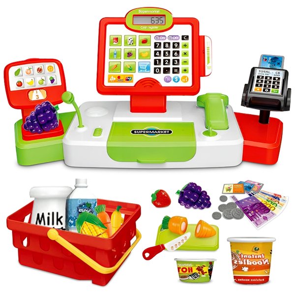 Kids Cash Register with Card Scanner and Credit Card - Toddler Electronic Toy Pretend Play Grocery Supermarket Cashier Playset with Barcode Scanner-Grocery Play Cash Register Toy for 3 Years and More