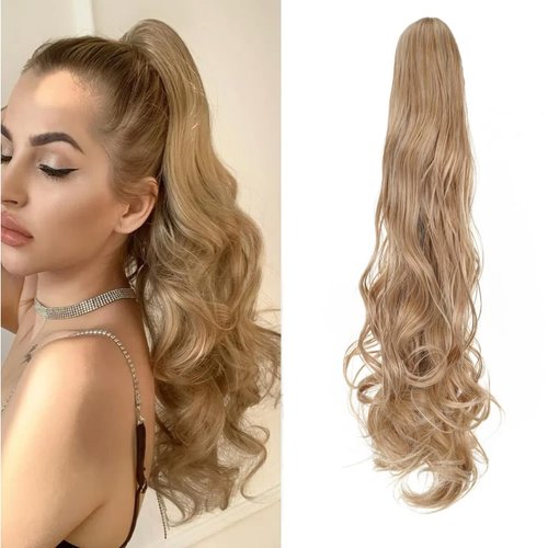 22 Inches Ponytail Extension Claw Clip Hair Extensions Ponytail Long Curly Wave Hair Extension M27/613# Natural Looking Synthetic Hairpiece for Women