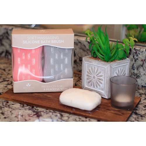 Serenity Select 2 Exfoliating Silicone Body Sponges, Double-Sided Bath or Shower Body Brush, Silicon Loofah/Built-in Sponge – Cleans & Stimulates Circulation. Christmas Stocking, Hanukkah- Pink/Gray