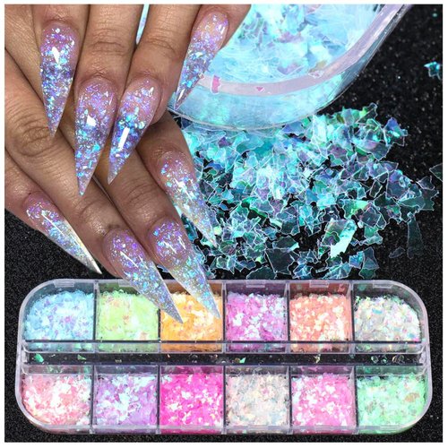 12 Colors Holographic Nail Art Glitter Sequins,Iridescent Ice Slag Nail Glitter Flakes Irregular Colorful Mermaid Nail Sequins Fluorescent Glass Paper Nail Art Supplies for Make-up DIY Nail Decoration