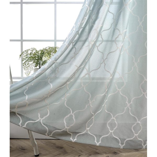MIUCO Moroccan Embroidered Semi-Sheer Curtains Faux Linen Grommet Window Panel Pair for Nursery 52 x 63 Inch, Sea Foam