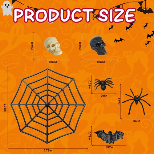 kawaarashi 210PCS Halloween Plastic Bats Spiders Skull Head Mini Bats Spiders Skull Heads Spider Webs for Halloween Decorations Creepy Scary Prank Toys Plastic Toys
