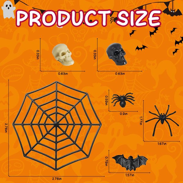 kawaarashi 210PCS Halloween Plastic Bats Spiders Skull Head Mini Bats Spiders Skull Heads Spider Webs for Halloween Decorations Creepy Scary Prank Toys Plastic Toys