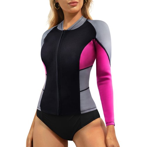 CtriLady Wetsuit Top, Women’s Wetsuit Long Sleeve Jacket Neoprene 1.5mm High-Necked Wetsuits with Front Zipper for Swimming, Diving, Surfing, Boating, Sauna, Fitness and Sweating(Rose, 2XL)