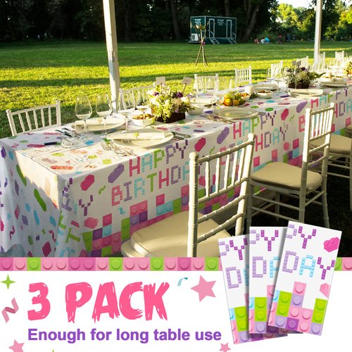3 Pcs Building Blocks Party Tablecloth 51 x 108 Inches Brick Block Disposable Tablecover Birthday Theme Party Decorations Plastic Table Cover for Girls Blocks Party Decor Supplies Favor (Lovely Color)