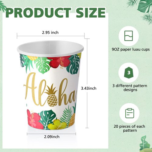 Hoolerry 60 Pieces Luau Cups Aloha Party Disposable Paper Cups Hawaii Aloha Party Decorations Tropical Luau 9 oz Paper Cups Summer Tiki Coconut Cups Pool Beach Party Supplies for Adults Kids