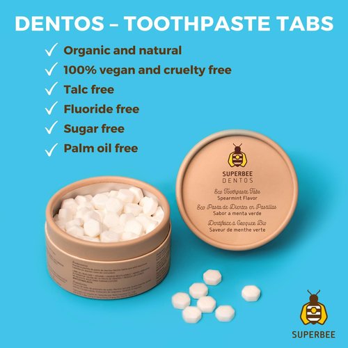 SuperBee Dentos 100 Toothpaste Tablets, Fluoride Free & Eco Friendly, Sensitive Bites for Kids and Adults, Chewable Spearmint