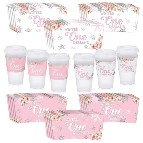 Lincia 30 Pcs Winter Onederland 1st Birthday Girl Pink Coffee Cup Sleeves Disposable Winter Onederland Birthday Decorations Party Supplies Winter Onederland Baby Shower Decoration for Girl