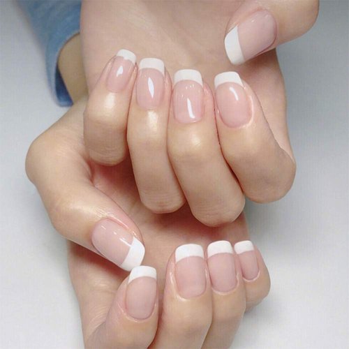 Aimimier 24Pcs French False Nails Simple Pink Nude Glossy Full Cover Artificial Fingernails Medium Square Fake Nails with Glue for Women and Girls (Style 8)