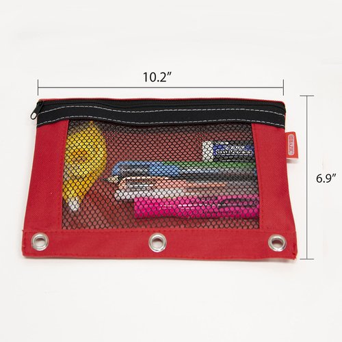 BAZIC Pencil Pouch 3 Ring Binder Pouch w/ Rivet Enforced Rings Holes, Assorted Color Mesh Window Zipper Pouches, 4-Pack