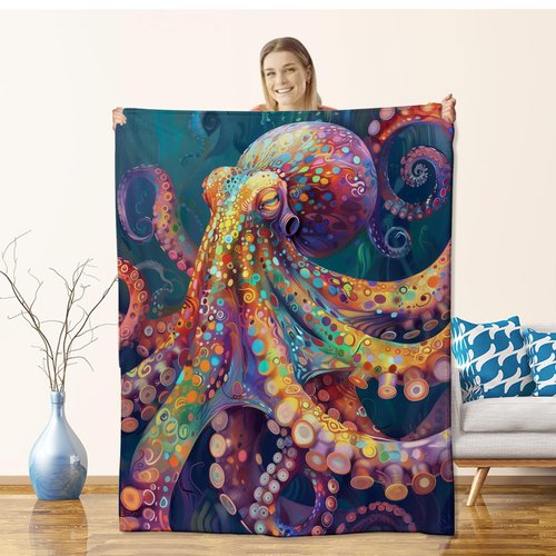 Octopus Blanket for Adults Kids, Flannel Octopus Blankets Gifts, Nautical Octopus Throw Blanket for Sofa Couch Bed Living Room Soft Warm Cozy Octopus Decor 60" x 50"