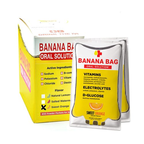 Banana Bag Oral Solution Sweet Orange 30-Pack Medbox Pharmacist Hydration Recovery Formula - Electrolyte & Vitamin Powder Packet Drink Mix