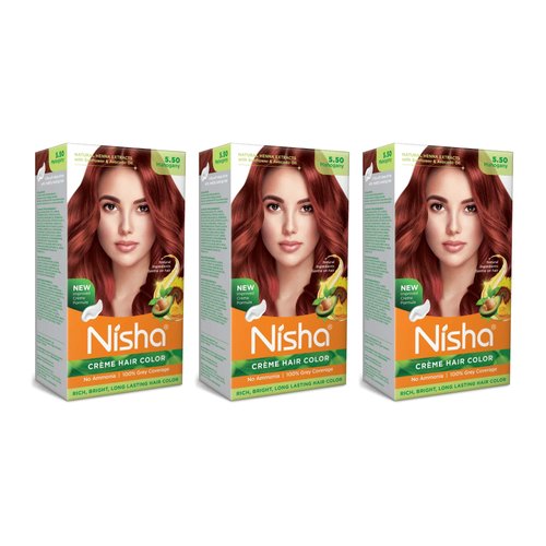 Nisha Creme Permanent Hair Color 100 percent Gray Coverage Hair Dye Easy to Apply Long Lasting Hair Colouring For Ultra Soft Deep Shine Conditioning With Natural Herbs Pack of 3 (Mahogany)