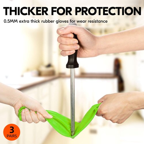 Vgo... 3-Pairs Dishwashing Gloves, Reusable Household Gloves, Kitchen Gloves, Long Sleeve, Thick Latex, Cleaning, Washing, Working, Painting, Gardening, Pet Care (Size L, Light Green, RB2143)