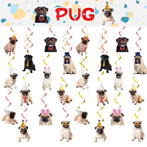 24 Pcs Pug Dog Hanging Decorations Pug Hanging Swirls Ceiling Swirls Pug Birthday Party Supplies for Pug Party Decorations