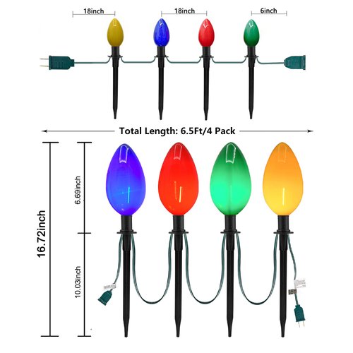 SUNSGNE C9 Christmas Pathway Lights, 6.5Ft Outdoor Christmas Pathway Stake Lights with 4 Jumbo C9 Multicolor LED Bulbs, Connectable Outdoor Marker Lights for Xmas Walkway Driveway Lawn Decor