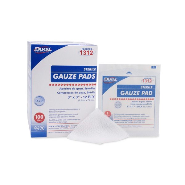 Dukal Sterile Gauze Pads, 100% Woven Cotton and Individually Wrapped, 3" x 3", 12-Ply Pad, Box of 100