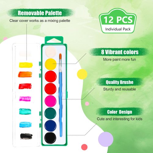 Watersay 12 Pack 8 Colors Watercolor Paint Set for Kids Washable Watercolor Paint with Paintbrush for Classroom School Birthday Art Activities Halloween Christmas Party Supplies(Green)