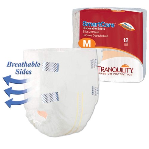 Tranquility SmartCore Adult Disposable Briefs, Adult Medium, Incontinence Control with Breathable Kufguard Technology, Fastening Tabs & Wetness Indicator, Latex-Free, 28oz Capacity, 12ct Bag